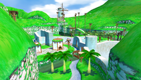A screenshot of Bianco Hills from Super Mario Sunshine.