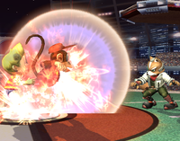 Fox McCloud using a Smart Bomb on Lucas and Diddy Kong in Super Smash Bros. Brawl