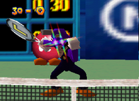 Waluigi and his glowing eyes from the Nintendo 64 game: Mario Tennis.