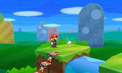 Mario near the crumpled Wooden Bridge scrap in Warm Fuzzy Plains of Paper Mario: Sticker Star.