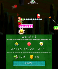 Smiley Flower 3: The third Smiley Flower can be grabbed by following a trail of coins while riding the third magenta lift all the way to the bottom. The Smiley Flower can also be obtained by hitting it with an egg from a nearby platform.