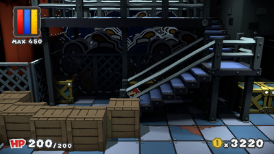 Mario near 7 crates containing Battle Cards in Black Bowser's Castle of Paper Mario: Color Splash. The first three contain 1-Up Mushroom, Huge Hammer and Huge Jump.
