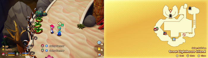 Mario and Luigi near 3 Plug Radishes containing 15 Coins on Great Lighthouse Island of Color-Full Sea of Mario & Luigi: Brothership.