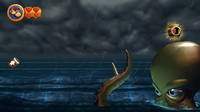 The end of Stormy Shore, where the Slot Machine Barrel appears above Squiddicus in Donkey Kong Country Returns