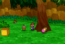 Mario finding a Dolly in a right tree on Jr. Troopa's playground of Goomba Village of Paper Mario.