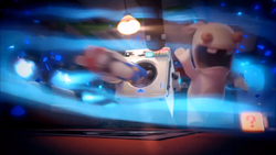 Rabbids being sucked into the Time Washing Machine in Mario + Rabbids Kingdom Battle