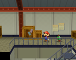 Mario and Mini-Yoshi explore the storage area.