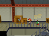 Mario and Mini-Yoshi explore the storage area.