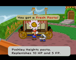 Mario getting a Fresh Pasta from the pasta cart in Poshley Heights of Paper Mario: The Thousand-Year Door.