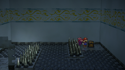 Third treasure chest in the Rogueport Underground in the remake of Paper Mario: The Thousand-Year Door for the Nintendo Switch.