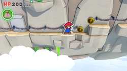 Mario standing near 2 Coins in Spring of Rainbows of The Origami King.