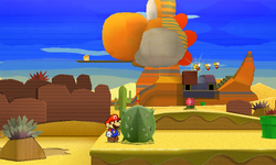 Mario near a cactus containing a Coin in Yoshi Sphinx of Paper Mario: Sticker Star.