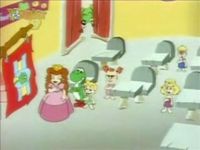 Princess Peach and her students pledge to Dinosaur Land's flag in this scene from the Super Mario World episode "A Little Learning".