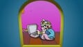 Wario using his computer and thinking at the same time at night