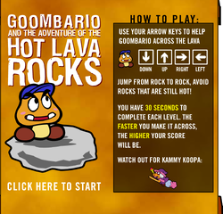 The title screen of Goombario and the Adventure of the Hot Lava Rocks, a Flash game available on the POP Multimedia website.