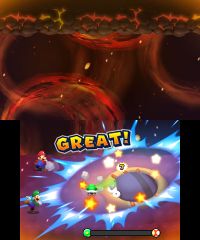 Mario and Luigi fighting Scutlet in Mario & Luigi: Bowser's Inside Story + Bowser Jr.'s Journey.