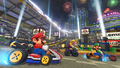 Mario Kart Stadium, Bowser Oil trackside banners and signs can be seen.