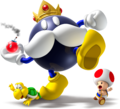 King Bob-omb, holding a Bob-omb, as Toad and Koopa try to flee