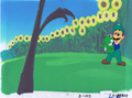 Unused animation cel of Luigi holding Baby Yoshi. What this scene was originally is unknown.