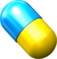 A cyan-and-yellow capsule.