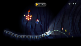 Screenshot of a Mii in Dark Dark Coaster in New Super Mario Bros. U.