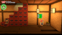Mario standing near a Coin Bag in Ninja Attraction of The Origami King.