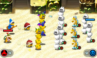 Screenshot of a battle at the On the Beach quest in the Bowser Jr.'s Journey mode of Mario & Luigi: Bowser's Inside Story + Bowser Jr.'s Journey.