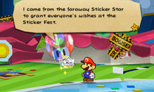 Screenshot of Mario meeting Kersti, from Paper Mario: Sticker Star.