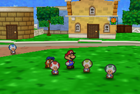 Mario and Goombario talking to Rangers (Red Ranger T., Yellow Range T. and Green Ranger T.) in Paper Mario