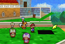 Mario finding a Star Piece under a hidden panel near the three sisters in Toad Town in Paper Mario