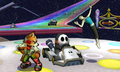 A Shy Guy drives past Fox and Wii Fit Trainer.