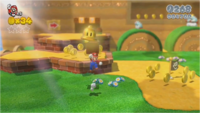 Mario finding a Super Bell in a ? Block in Really Rolling Hills; the ? Block is not present in the final version of the course