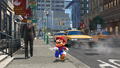 Mario walking with some of the residents of the city.