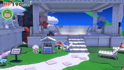 Mario standing near a hole hidden behind a stamp booth containing a Legendary Boots in Shangri-Spa of The Origami King.