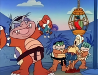 Cheatsy, Big Mouth, and Kooky after having captured Luigi and Prince Hugo in The Adventures of Super Mario Bros. 3 episode "Sneaky Lying Cheating Giant Ninja Koopas"