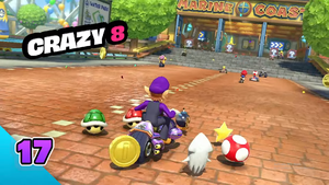 Screen capture of a video showcasing Mario Kart 8 Deluxe takedowns. Pictured is Waluigi loaded up with Crazy Eight items on the Water Park course.