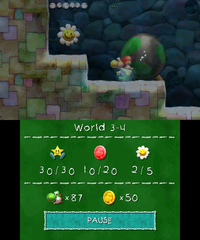 Smiley Flower 3: Barricaded by stone blocks underwater, in an area accessed by destroying a Rock Block which gives Yellow Yoshi a Spring Ball to propel up to a door. Yellow Yoshi needs to throw a Metal Eggdozer at the stone blocks underwater and retrieve the second Metal Eggdozer above to walk to it.