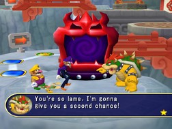Bowser confronting Team {Sea)Gull in Mario Party 7's Last Five Turns Event
