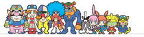 Group art of the WarioWare, Inc. employees, from left to right: Wario, Mona, Dr. Crygor, Jimmy T., Dribble, Orbulon, Kat, Ana, 9-Volt, and Spitz for WarioWare, Inc.: Mega Microgame$!.