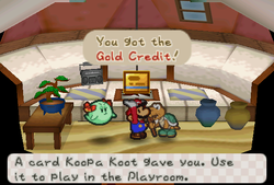 Mario receiveing Gold Credit from Koopa Koot in Koopa Village of Paper Mario.