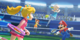Mario, Peach, Daisy, and Rosalina playing Tennis