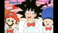 Mario, Goku from Dragon Ball, and the Hero singing in suits.