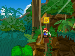 Mario next to the Shine Sprite to the left of the piranha room of Keelhaul Key in Paper Mario: The Thousand-Year Door.
