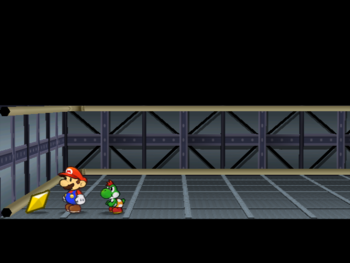 Mario getting the Star Piece on the ceiling of sublevel 2 of X-Naut's Fortress  in Paper Mario: The Thousand-Year Door.