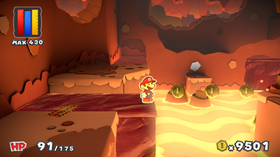 Mario near 3 Coins in Redpepper Crater of Paper Mario: Color Splash.