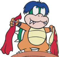 Larry Koopa with uncombed hair in a bowl cut in Super Mario Chie Asobi Ehon ④ Larry No Itazura (「スーパーマリオ ちえあそぴえほん　④　ラリーの　いたずら」, Super Mario Wisdom Games Picture Book ④ Larry's Mischief).