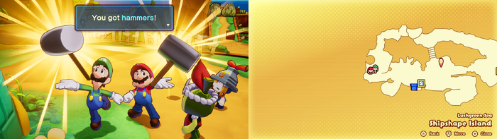 Mario and Luigi being given 2 Hammers by Billdit on Shipshape Island of Mario & Luigi: Brothership.