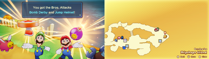 Mario and Luigi being given the Bomb Derby and the Jump Helmet Bros. Attacks by Technikki on Shipshape Island of Mario & Luigi: Brothership.