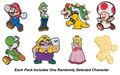 Super Mario collector's pins. The characters are (from left to right, top to bottom) Mario, Luigi, Bowser, Toad, Yoshi, Wario, Peach, and Gold Mario