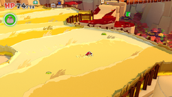 Mario standing near a 10-Coin and a 100-Coin in Autumn Mountain of The Origami King.